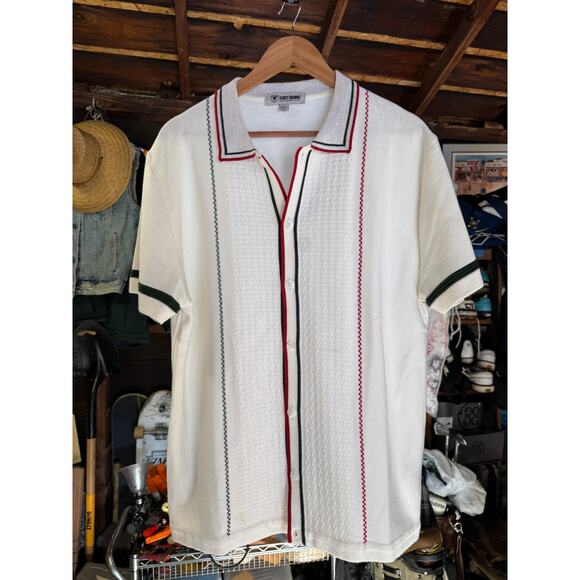Stacy Adams Retro Knit Shirt L | Button-Up Polo | White with Red/Green Stripe - Picture 1 of 4